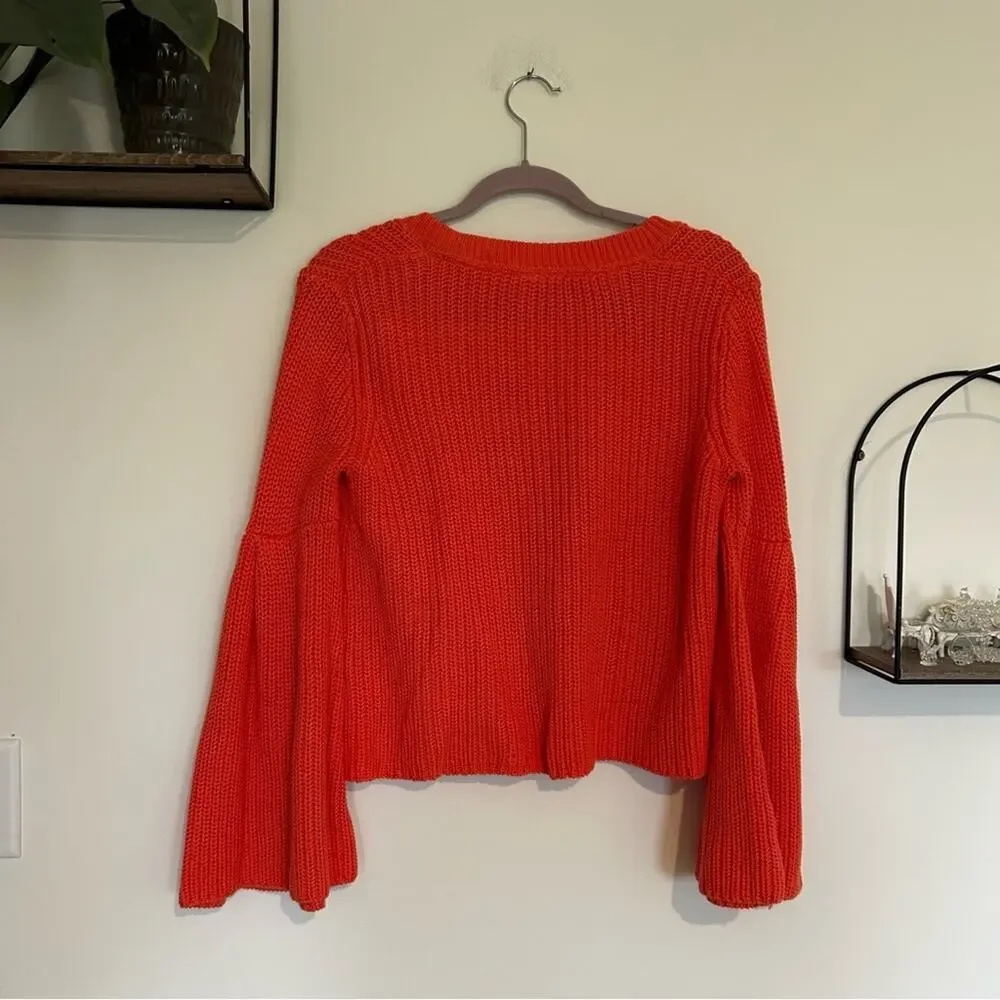 Free People Damsel Knit Bell‎ Sleeve Pullover Sweater Coral Size Small